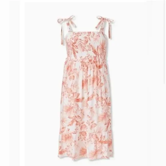 Torrid Coral Floral Tie Shoulder Midi Dress Summer Tropical Palm Print Size 2 g1 - Picture 1 of 6